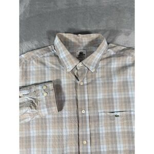 Lacoste Shirt Mens 44 Tan Blue Plaid Long Sleeve Button Down